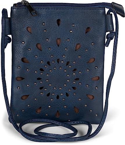 styleBREAKER Mini Bolso Bandolera Mujer Flores Troqueladas y Tachuelas,Azul
