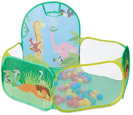 Relaxdays Piscina di Palline con Canestro & 50 Pallette, Vasca Pop Up Esagonali, Box per Bambini, Cameretta, Colorato