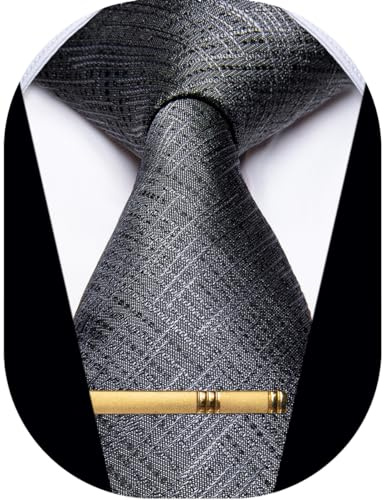 YourTies Mens Ties Silk Grey Ties for Men Solid Tie with Tie Clip Formal Business Textured Neckties