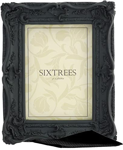 Sixtrees Chelsea 5-253-57 Ornate Vintage Swept Shabby Chic Black 7x5 inch Photo frame - with Microfibre glass cleaning cloth.