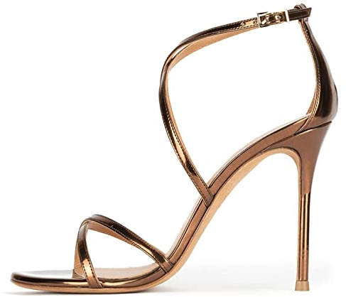 Femme Peep Toe Escarpins Talon Aiguille Sandales Bout Ronde Cuir Talons Hauts Sexy Bride Cheville Boucle Pumps Banquet Fête High Heels Noce Club Soirée Pompes,Laiton,46 EU