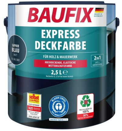 BAUFIX Express Deckfarbe saphirblau, matt, 2.5 Liter, Wetterschutzfarbe, Holzfarbe, langlebig, geeignet für Holz/Putz/Mauerwerk/Möbel/Zäune