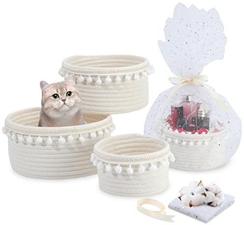 LA BONHEUR Cesto portaoggetti per scaffali e armadi, set da 4 pezzi, corda di cotone intrecciato, accessori per il bagno, organizer per il bagno (confezione regalo Star Gaze+ nastro)