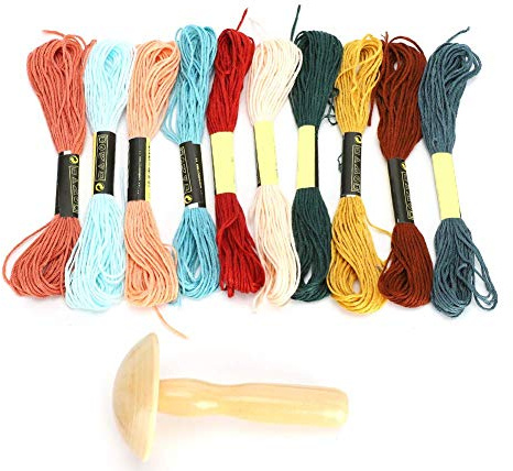Darning Wool, Wooden Darning Yarn Sewing Supplies Kit for Home, Darning Needles and Mushroom Sock Darning Kit Mushroom Patching Threads Tool for DIY Sewing Travel Handicraft