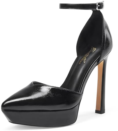 GENSHUO Tacchi Alti con Plateau per Donna 13 CM/5,12 Pollici Décolleté Sexy a Punta con Piattaforma Tacchi a Spillo con Cinturino alla Caviglia Scarpe con Tacco a Punta Chiusa per Feste, Nero 38EU