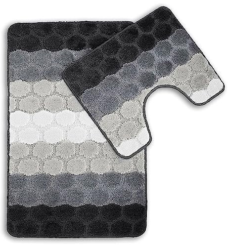 2pc Bath Mat Set Non Slip, Bath & Pedestal Mats, Hex Stripe Design For Bathroom Toilet, 2 Piece, Soft, Absorbent And Slip Resistant (Grey)