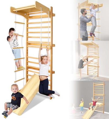 ACXIN Multifunktions Klettergerüst, Indoor Kletterwand aus Holz Bis 100kg, Kletterspielzeug Fitnessgeräte für Kinder und Erwachsene mit Strickleiter & Kletterleiter & Hängeringe & Spielhaus