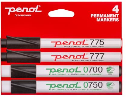PENOL Permanentmarkerstifte, 4 Marker stifte Schwarz Farbe 0700, 0750, 777, 775- Mehrfachtipp Farbstifte mit Nordic Swan Ecolabel, Schnell Trocknende und Lichtbestandige Tinte auf Alkoholbasis