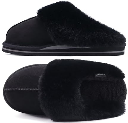 KuaiLu Zapatillas Casa Mujer Invierno Sin seguimiento Caliente Peluche Piel Pantuflas Comoda Peludas Memory Foam Slippers Antideslizante Goma Suela Negro 39