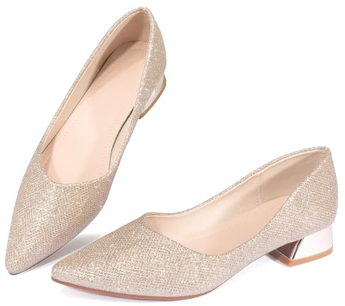 Women's Low Block Chunky Heels Pointed Toe Closed Toe Work Pumps Slip on Comfort Dress Shoes for Women Gold Size 8