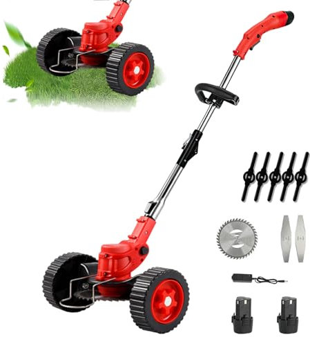 Tondeuse à Gazon éLectrique à Batterie 12V, Tondeuse à Gazon Portable Avec Roues, Tondeuse De Jardin Sans Fil Avec Barre RéGlable Pour Une Tonte Rapide Du Jardin, Batterie/Chargeur Inclus (2*batterie)