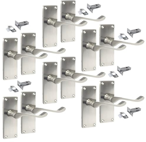 Epsom Door Handles Silver Victorian Scroll Interior Door Handles, Satin Nickel Finish, 118 x 42mm, 6 Pair + Latch
