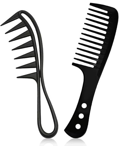 Shark Teeth 2 Pcs Wide Tooth Comb - Curly Hair Comb for Wet Wavy Thick Hair, Wigs & Barber Salon - Black