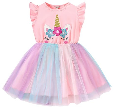 JiAmy Girls Dresses Ruffle Short Sleeve Unicorn Print Cotton Top Tulle Tutu Dress Kids Birthday Party Skirt Clothes for Girl 5-6 Years Light Pink