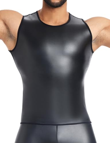 Men's Black Faux Leather Tshirt Short Sleeve Slim Fit Undershirt Wet Look Sleeveless Tank Top Round Neck Nightclub Party Shirts Muscle Tops