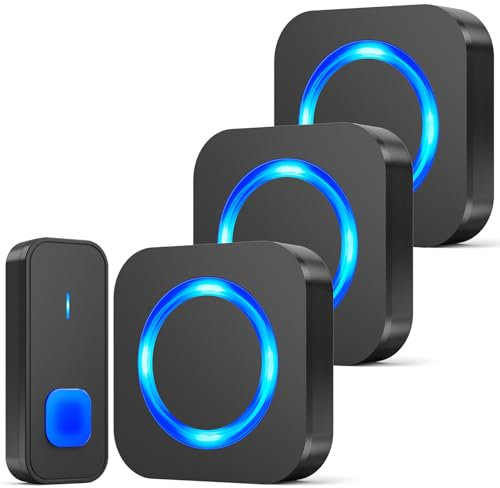 SURFOU Sonnette sans Fil, 400M Longue Portée Carillon et Sonnettes Electronique Kit avec 3 Récepteurs Exterieur Enfichables, 55 Mélodies au 5 Niveaux Volumes pour Maison, Indicateur LED Bleu, Noir