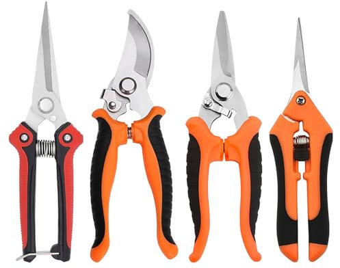 Lot de 4 sécateurs de jardin en acier inoxydable - Sécateur à rosier, sécateur à poignée de blocage, ciseaux pour bonsaï, sécateur pour jardin, bonsaï, plante florale, branches, branches et arbres