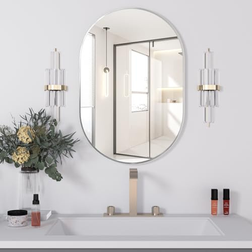 NEUWEABY Specchio ovale da bagno da parete, specchio ovale da 50 x 75 cm specchio da bagno argento per sopra il lavandino, specchio da parete per pillole, specchio moderno con cornice in metallo
