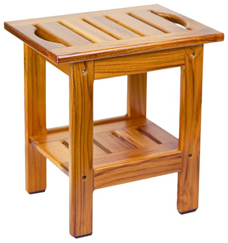 Utoplike Teak Shower Bench, Compact Shower Stool with Shelf & Handle, 2-Tier Small Wooden Bath Seat with Non-Slip Feet for Bathroom, Bathtub, or Outdoor Use