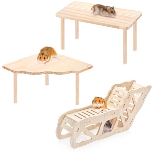 3-piece natural wooden hamster game platform with ladder, tunnel shelter, small animal rest area, hamster cage accessories