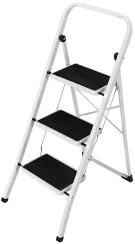 A.M.C. Scala Scaletta Pieghevole Quadrata Salvaspazio con Gradini Antiscivolo e Maniglione di Sicurezza Sgabello Struttura in Acciaio e Rivestimento in Gomma Portata massima 150kg (3 Gradini)