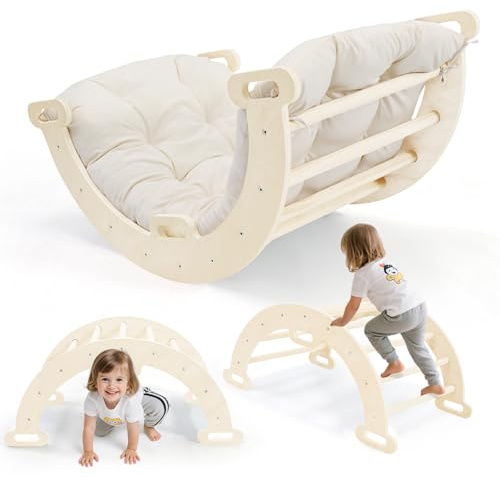 2-in-1 Toddler Climbing Frame with Armrests, Wooden Arch Climber Ladder with Cushion, Natural Wood, Non-Slip Foot Mat, Pole Reinforcements, Baby Climbing Arch for 1-6 Years (Semi-cir-w/armrest-wood)