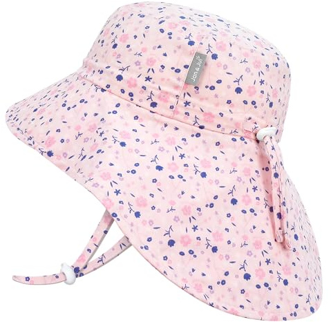 Jan & Jul Mädchen Baumwoll-Sonnenhut mit Nackenschutz, Strandhut mit breiter Krempe für Babys (S: 0-6 Monate, Rosa Blüten)