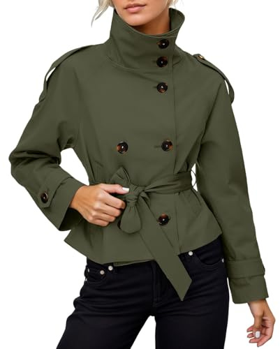 Generisch Trench corto da donna, tinta unita, cappotto corto, per transizione, elegante, con cintura, colletto alto, giacca a vento, leggera, casual, con bottoni, giacca invernale