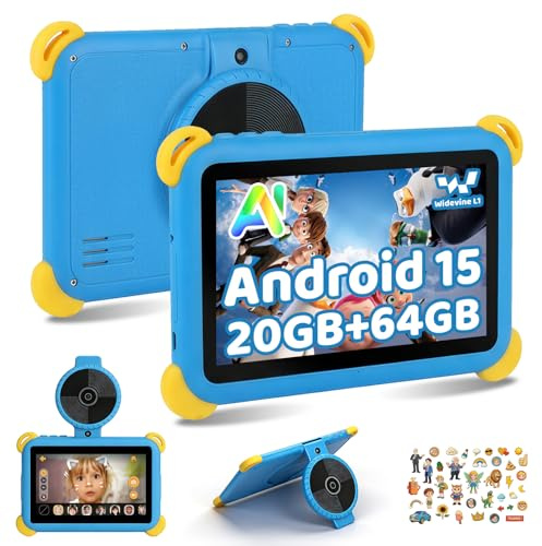 Kids Tablet 7 inch Android 15 Tablet for Kids, 20GB+64GB (TF 1TB), Android Tablet with Parental Control, AI Dual Cam & Learning, WiFi 6/BT 5.3, Widevine L1, Kid Tablet with Protective Case - Blue
