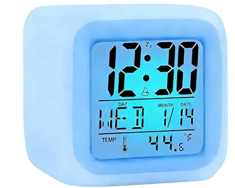 Digital Alarm Clock, Kids Alarm Clock Bedside with Temperature, Calendar, Snooze, Easy to Set Travel Digital Clock, Battery Operated, 7-Color Changing Night Lights Alarm Clock for Toddlers Boys Girls
