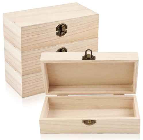 4 PCS Unfinished Wooden Box with Lid, 20x10x6cm Small Wood Storage Box | Blank Wooden Boxes for Craft with Hinged Lid & Lock for Painting Home Table Decoration Keepsake