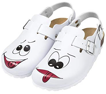 CLINIC DRESS Clog - Clogs Damen bunt weiß Motiv. Schuhe für Krankenschwestern, Ärzte oder Pflegekräfte weiß/bunt, Gesicht 39