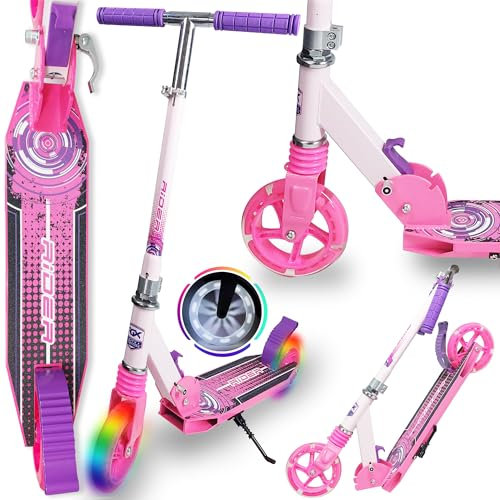 WeLLIFE |Trottinette pour enfants en aluminium | Roues lumineuses à LED grandes 140 mm | Trottinette rose en aluminium, hauteur réglable pour enfants