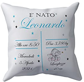 Overthetee Cuscino Nascita Personalizzato Bimbo con Nome, Data, Ora, Peso e Lunghezza, Cuscino Neonato 40x40 cm Idea Regalo Nascita