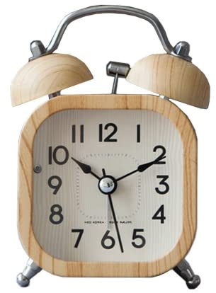 Moiyoudis Réveil carré double cloche vintage en bois - Décoration de la maison - Fonctionnement à piles - Rétroéclairage - Sans tic-tac - Silencieux