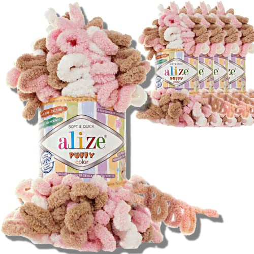 Alize 5 x 100 g puffy turkisk ull, superBulky chenillegarn, gosigt mjukt babyull, handstickgarn för virkning, mjukt chenillegarn, XXL-nystan för amigurumi (6046)