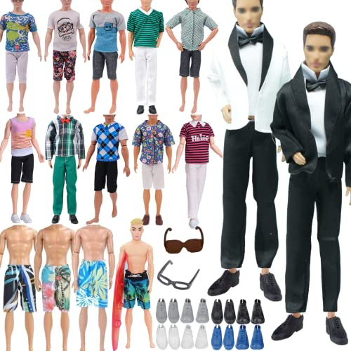 23-teiliges Doll Clothes Compatiable with Puppen-Kleidung und Zubehör-Set, einschließlich 1 Anzug, 5 Oberteile, 5 Hosen, 2 Boardshorts, 8 Schuhe, 1 Brille und 1 Surfboard (zufälliger Stil)