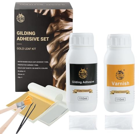 KIRIN Blattgold Kleber Set, inkl. 100 ml Kleber und 100 ml Schutzlack auf Wasserbasis,Blattgold 50 Stück Silberfolie 50 Stück,2 Pinsel,für Metallfolienblätter, Malerei, Handwerk,Heimdekoration