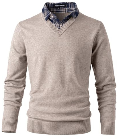 Herothorn Pull en Tricot pour Homme Pull Tendre à col V Doux Haut avec col Chemise carré ou