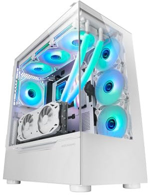 Mars Gaming MC-ULT, Custom XXL E-ATX Gaming-Gehäuse, Dual 90° Rahmenloses Gehärtetes Glas + Seitentür, Volle Flüssigkühlung, PC Tower mit Dual Vertical Chamber Design, Weiß