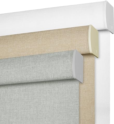 BERISSA Cordless Blackout Roller Shades for Windows,Free-Stop Linen Fabric Windows Blinds with Cassette Valance,Thermal Insulated UV Protection Roller Blinds for Home Office. Grey.59 W x 48 H
