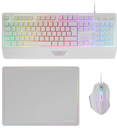Mars Gaming MCP124, 3i1 Gaming Combo, Ergonomiskt H-Mech LED RGB Tangentbord, RGB Mus 3200DPI HUANO Switchar, Nanotextil Musmatta 360x260mm, Multiplattform Kompatibilitet, Portugisiska Layout, Vit