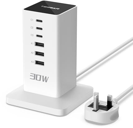 TESSAN USB C Charger Plug, 30W USB Charging Station for Multiple Devices, 6-Port Charging Hub with 2m Extension Cord, Multi Charger Block for Smartphones, Tablets