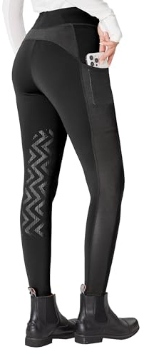FitsT4 Sports Women's Horse Riding Pants Knee-Patch Riding Tights Ventilated Mesh Equestrian Breeches Horseback Schooling Tights with Pockets Black M