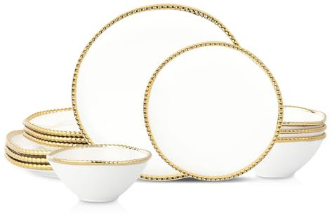 Christian Siriano Akoya Porcelain Dinnerware Set, 12-Piece - Dish Set for 4, Plates and Bowls Set, White and Gold