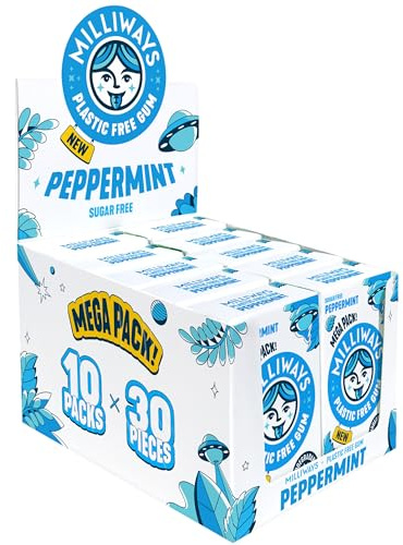 Milliways Peppermint Chewing Gum, Plastic Free, Sugar Free, Aspartame Free, Natural | 10 Packs of 30 Pieces (300 Pieces Total) | MEGA PACK | Xylitol, Plant-Based, Biodegradable