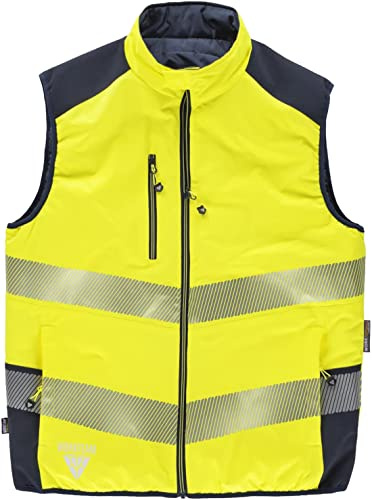 WORKTEAM Chaleco Acolchado Reversible Alta Visibilidad y Cintas Reflectantes Discontinuas. Chaleco Trabajo Multibolsillos. Unisex Amarillo L