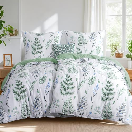 Tifschlaf Bettwäsche 135x200 4teilig, 2 Bettbezüge 135 x 200 mit 2 Kissenbezüge 80x80 cm Grün, ÖKO-TEX Mikrofaser Bettwäsche-Sets Blumen Salbeigrün Muster, Weich & Bügelfrei mit Reißverschluss