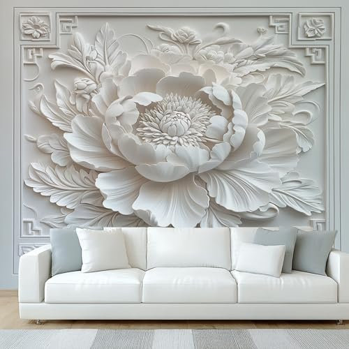 Générique Papier Peint Panoramique Pivoine Fleur, Papier Peint 3D Relief Blanc, Fresque Murale, Decoration Chambre Salon, 450 x 315 cm