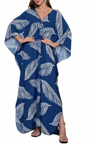Orshoy Long Kaftan for Women Bikini Cover Ups Maxi Dress Bathing Suit Kimono Tunic Swimwear Swimsuit Wrap Sarong Blue Feather
